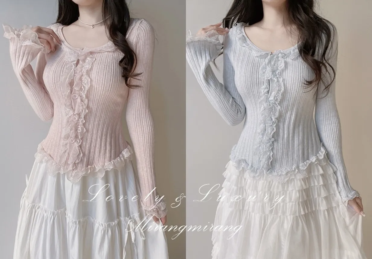 ウール混フリルUネックスリムボタンレースカーディガン | mirangmirang | 詳細画像1