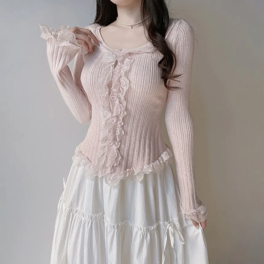 ウール混フリルUネックスリムボタンレースカーディガン | mirangmirang | 詳細画像2