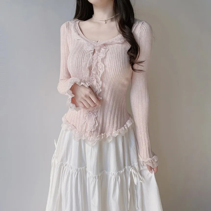 ウール混フリルUネックスリムボタンレースカーディガン | mirangmirang | 詳細画像3