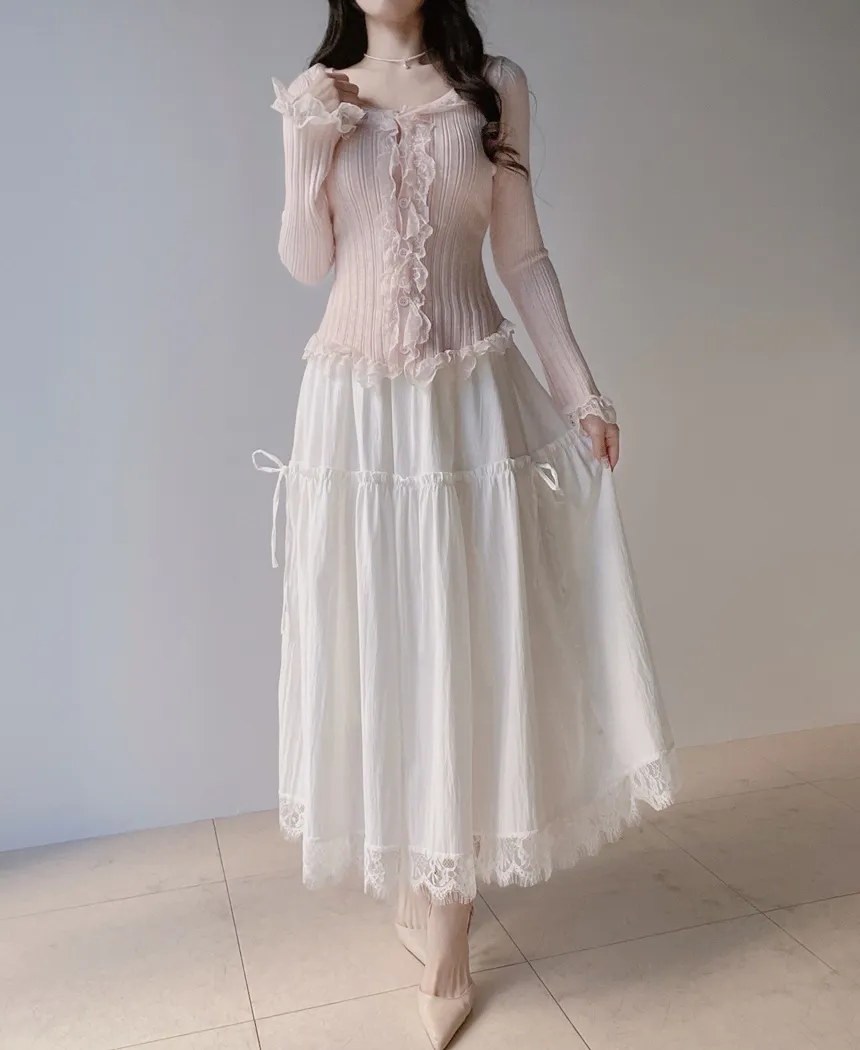 ウール混フリルUネックスリムボタンレースカーディガン | mirangmirang | 詳細画像4