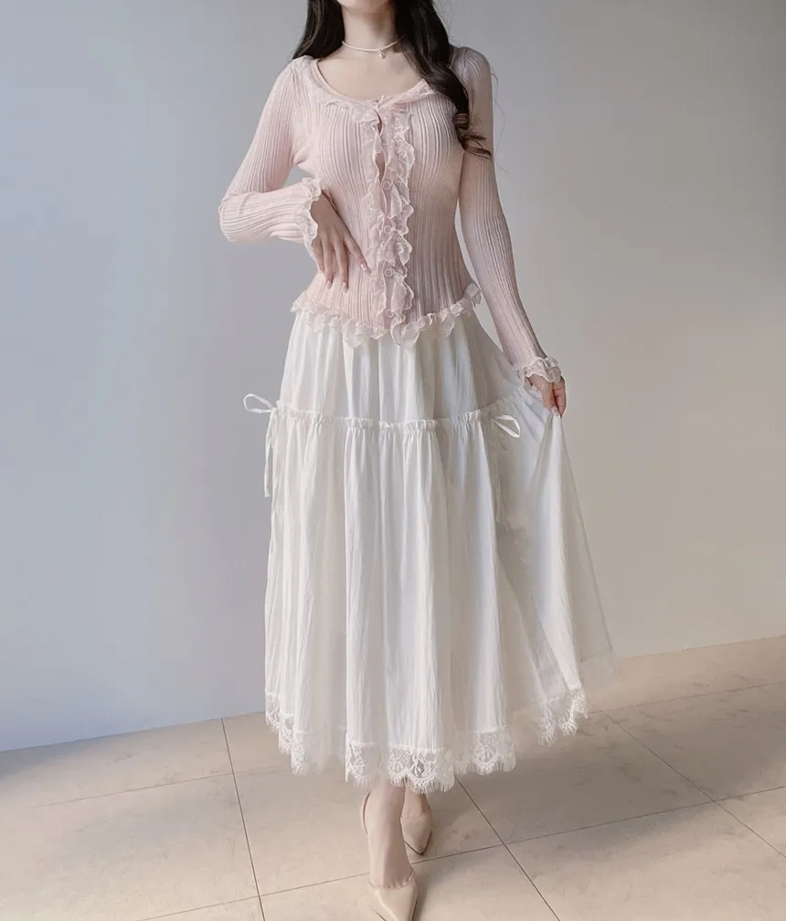 ウール混フリルUネックスリムボタンレースカーディガン | mirangmirang | 詳細画像5