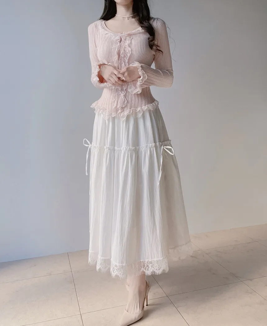 ウール混フリルUネックスリムボタンレースカーディガン | mirangmirang | 詳細画像6