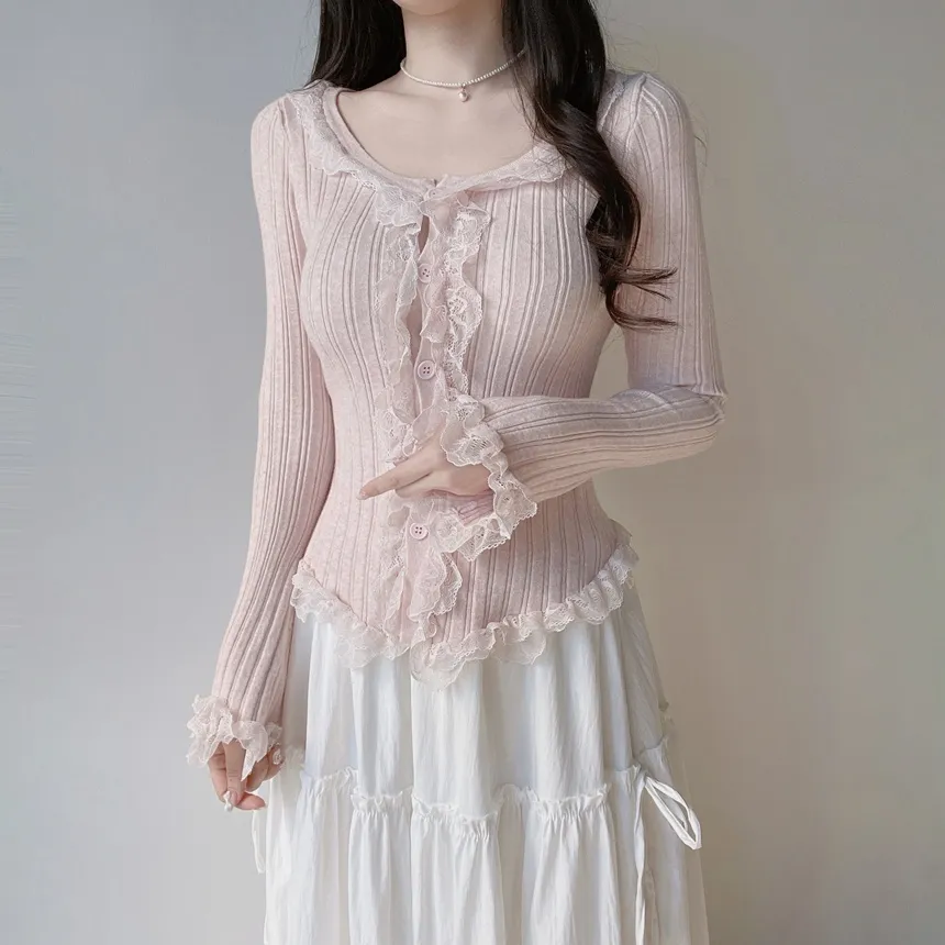 ウール混フリルUネックスリムボタンレースカーディガン | mirangmirang | 詳細画像7