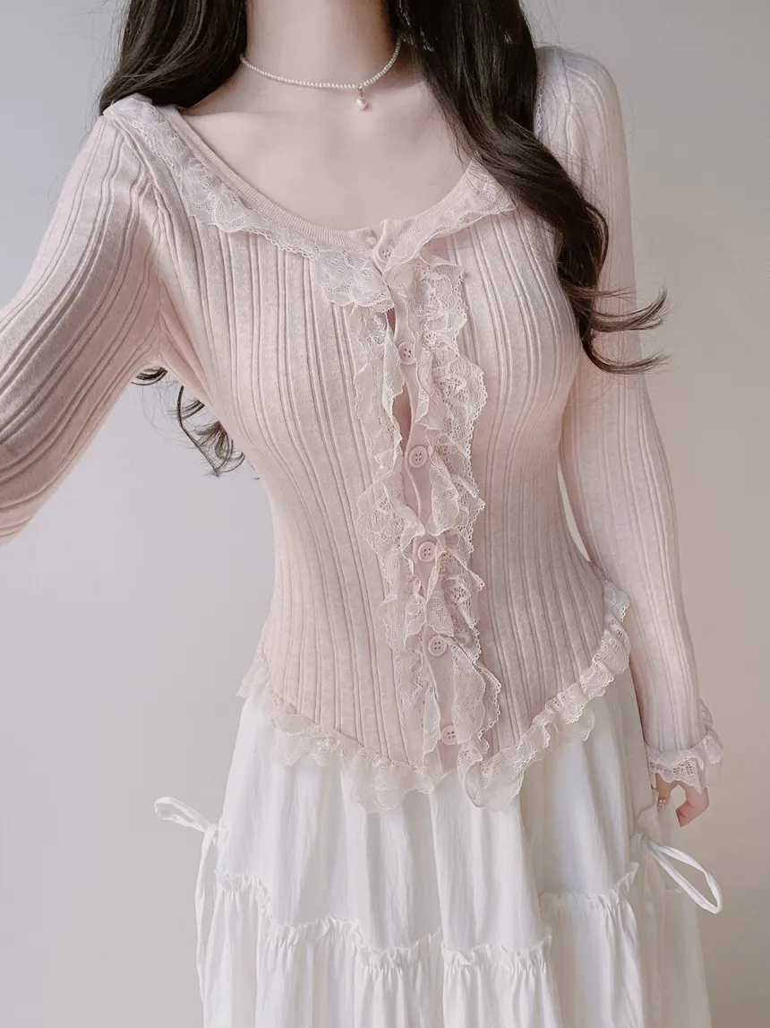 ウール混フリルUネックスリムボタンレースカーディガン | mirangmirang | 詳細画像8