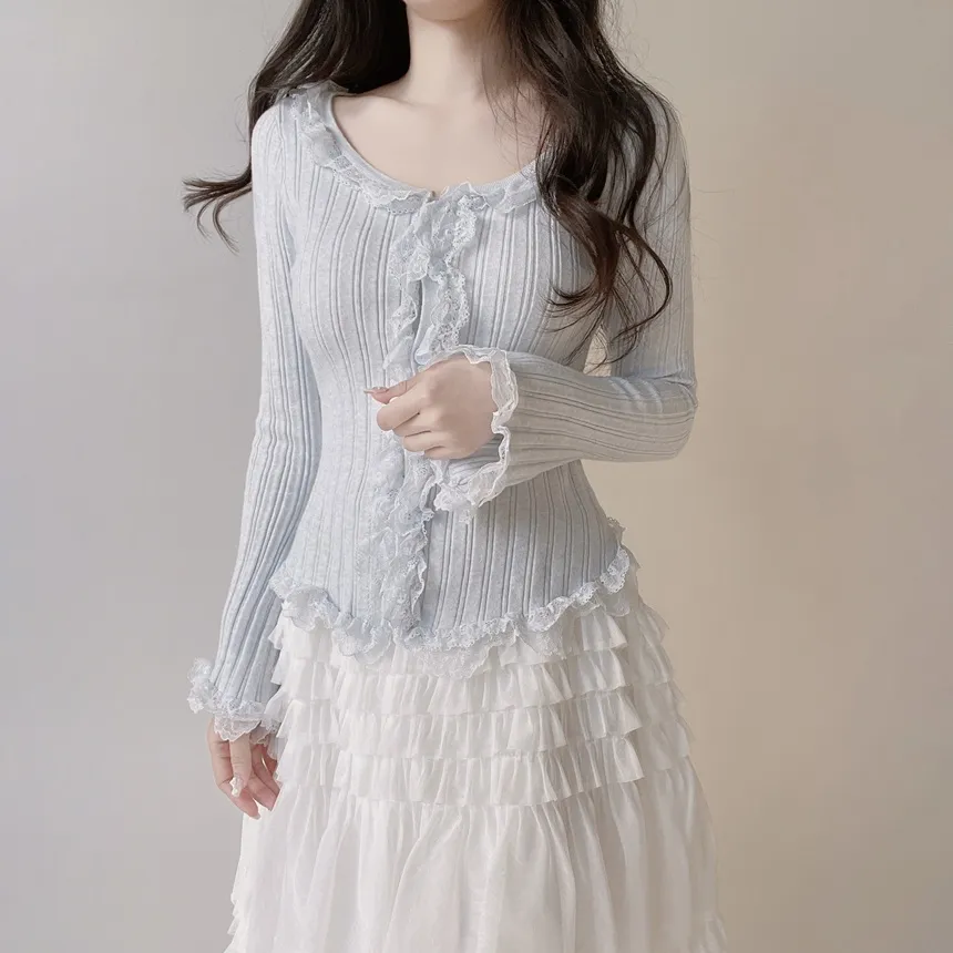 ウール混フリルUネックスリムボタンレースカーディガン | mirangmirang | 詳細画像9