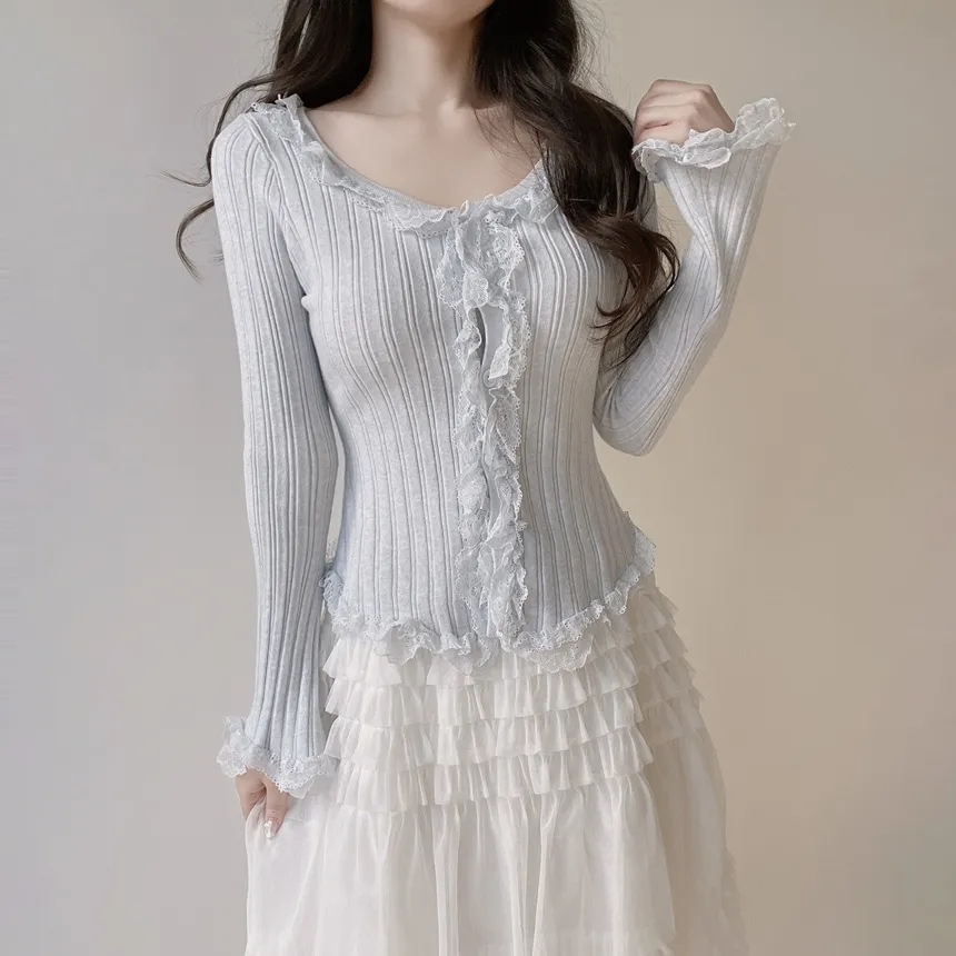 ウール混フリルUネックスリムボタンレースカーディガン | mirangmirang | 詳細画像10