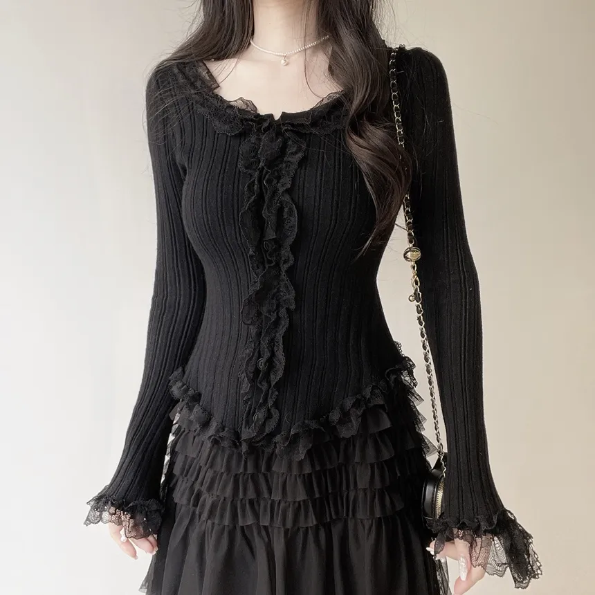 ウール混フリルUネックスリムボタンレースカーディガン | mirangmirang | 詳細画像14