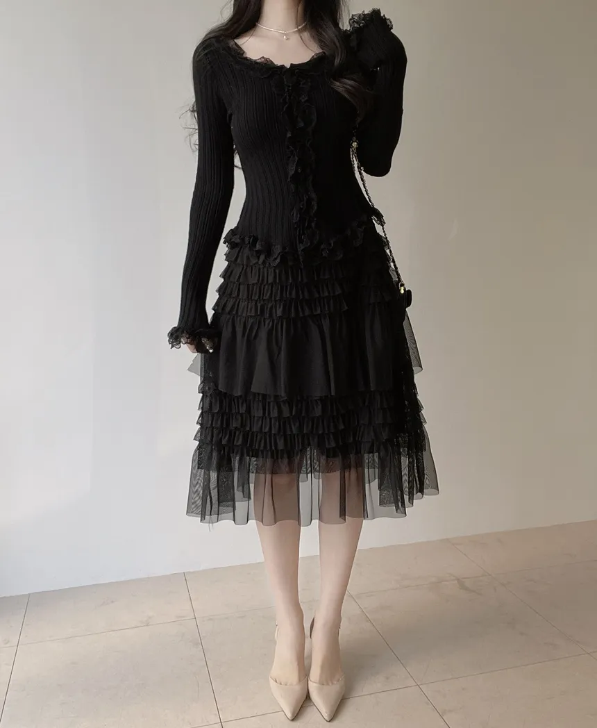 ウール混フリルUネックスリムボタンレースカーディガン | mirangmirang | 詳細画像16