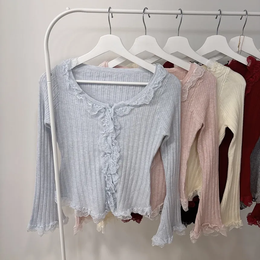 ウール混フリルUネックスリムボタンレースカーディガン | mirangmirang | 詳細画像19