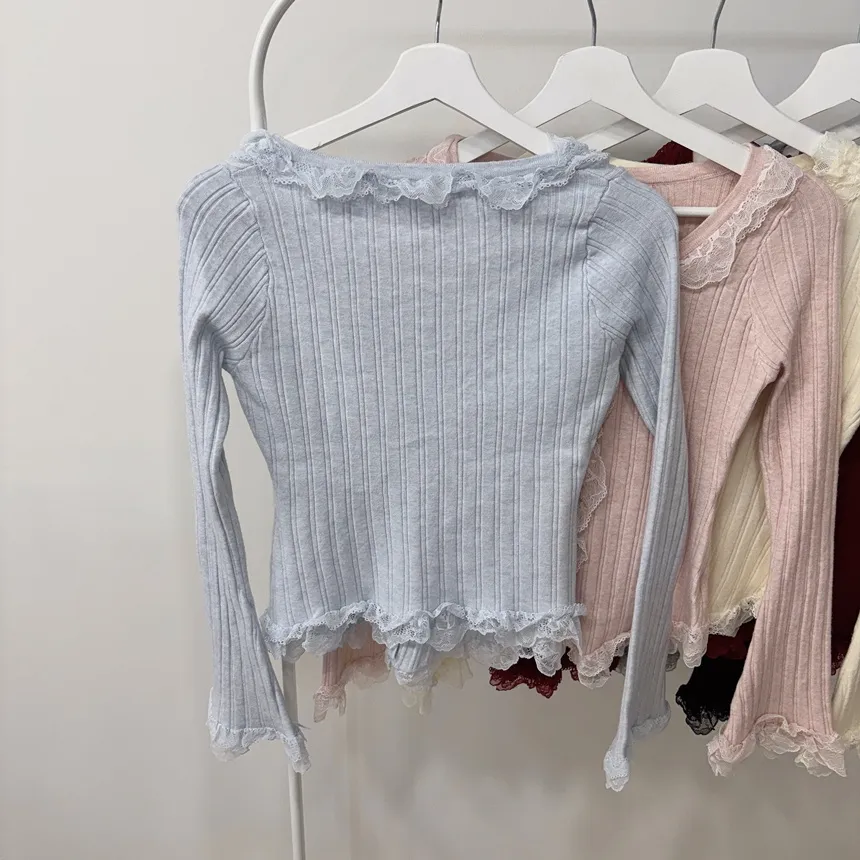 ウール混フリルUネックスリムボタンレースカーディガン | mirangmirang | 詳細画像20