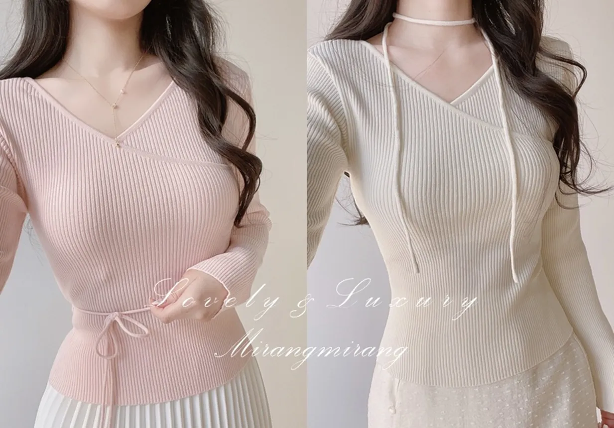 リブVネック長袖カシュクールニットストラップ付 | mirangmirang | 詳細画像1