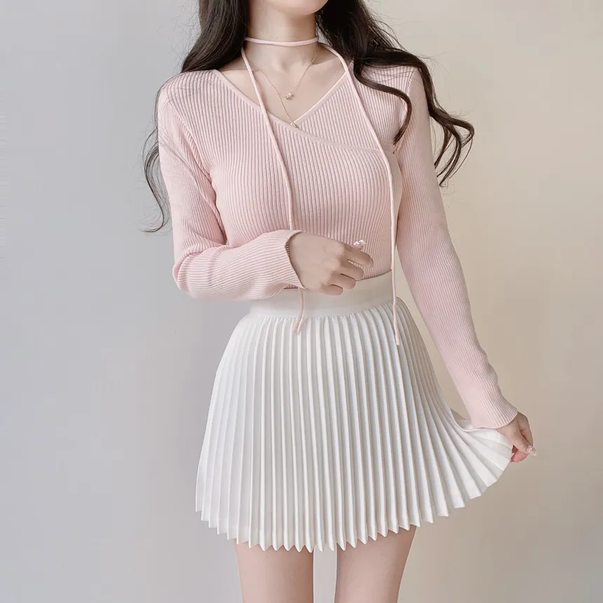 リブVネック長袖カシュクールニットストラップ付 | mirangmirang | 詳細画像6