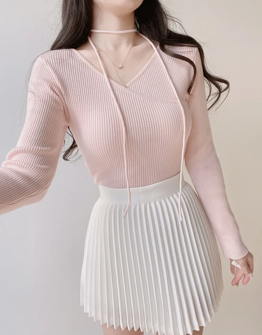 リブVネック長袖カシュクールニットストラップ付 | mirangmirang | 詳細画像7