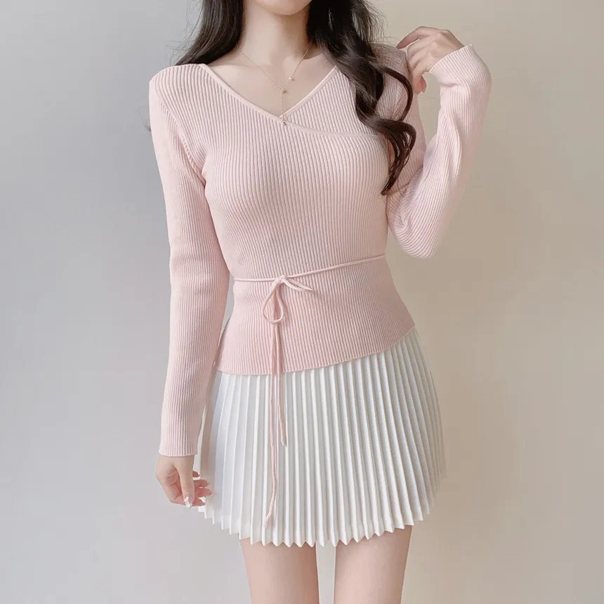 リブVネック長袖カシュクールニットストラップ付 | mirangmirang | 詳細画像10