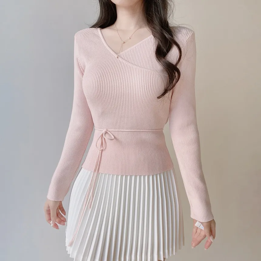 リブVネック長袖カシュクールニットストラップ付 | mirangmirang | 詳細画像12