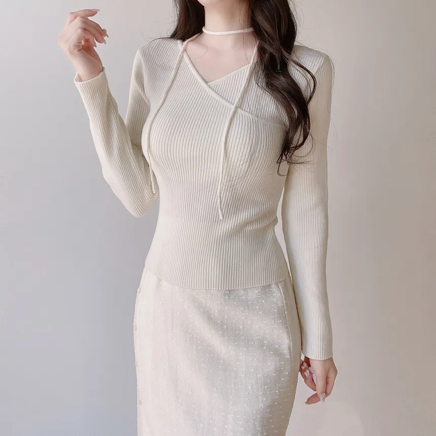 リブVネック長袖カシュクールニットストラップ付 | mirangmirang | 詳細画像13