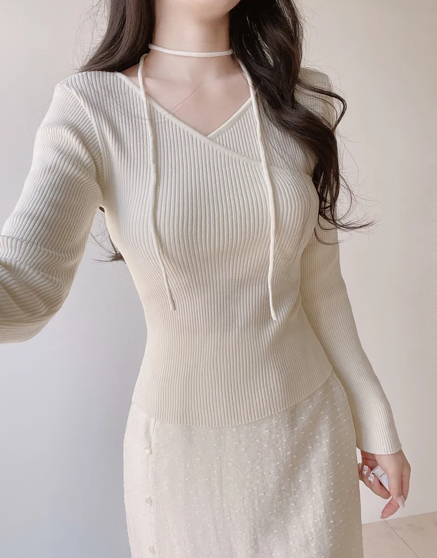 リブVネック長袖カシュクールニットストラップ付 | mirangmirang | 詳細画像14