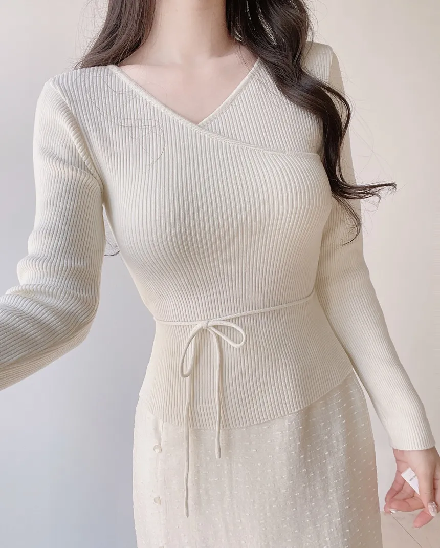 リブVネック長袖カシュクールニットストラップ付 | mirangmirang | 詳細画像16