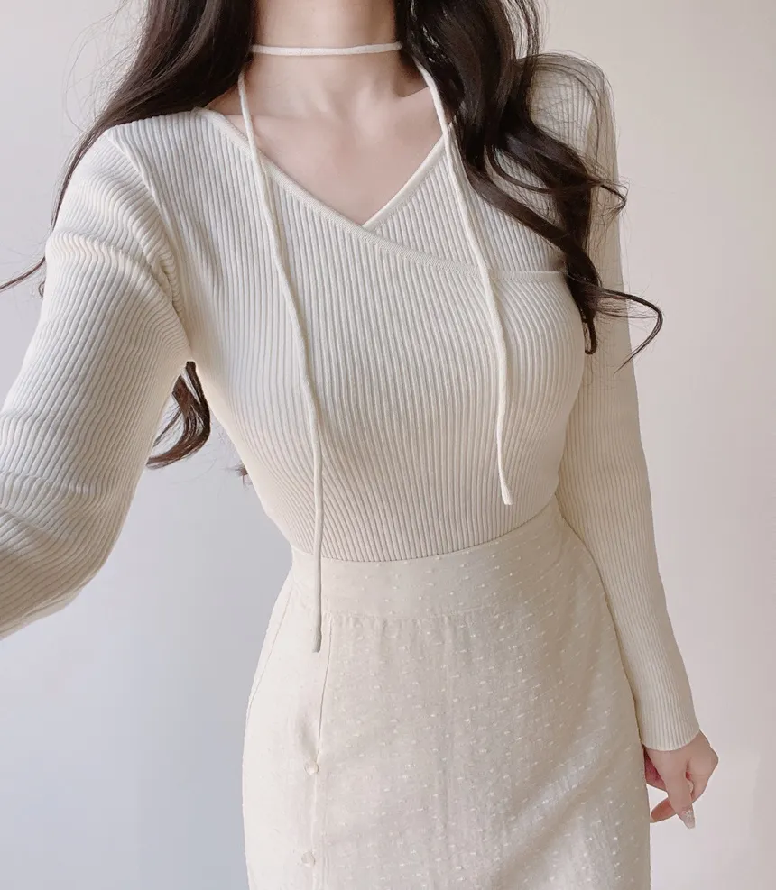 リブVネック長袖カシュクールニットストラップ付 | mirangmirang | 詳細画像23