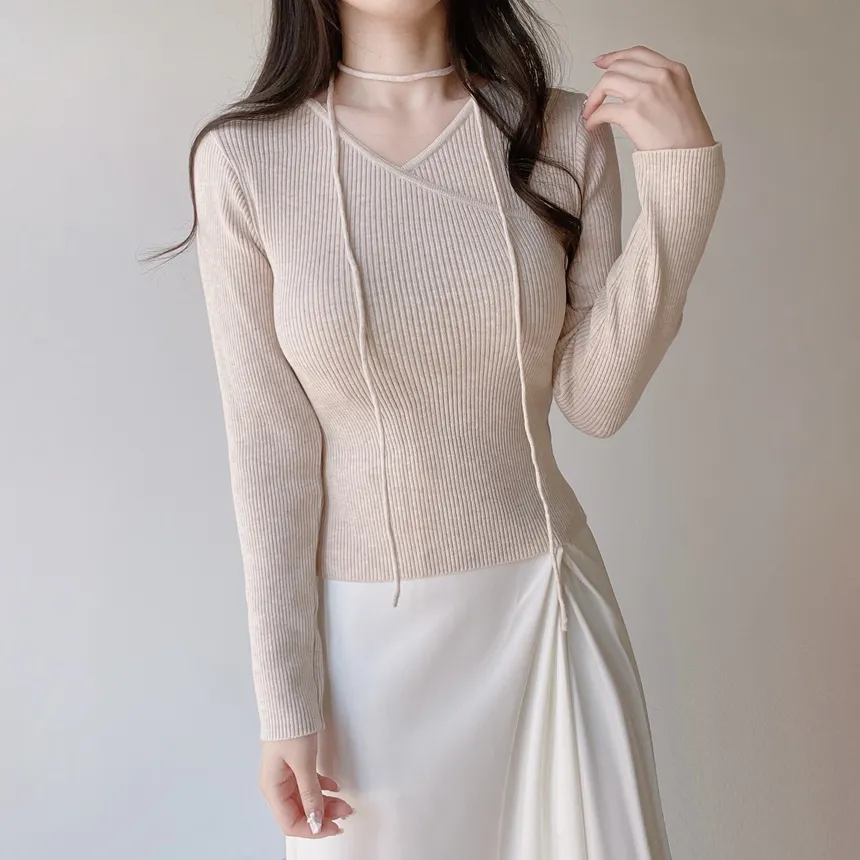 リブVネック長袖カシュクールニットストラップ付 | mirangmirang | 詳細画像24