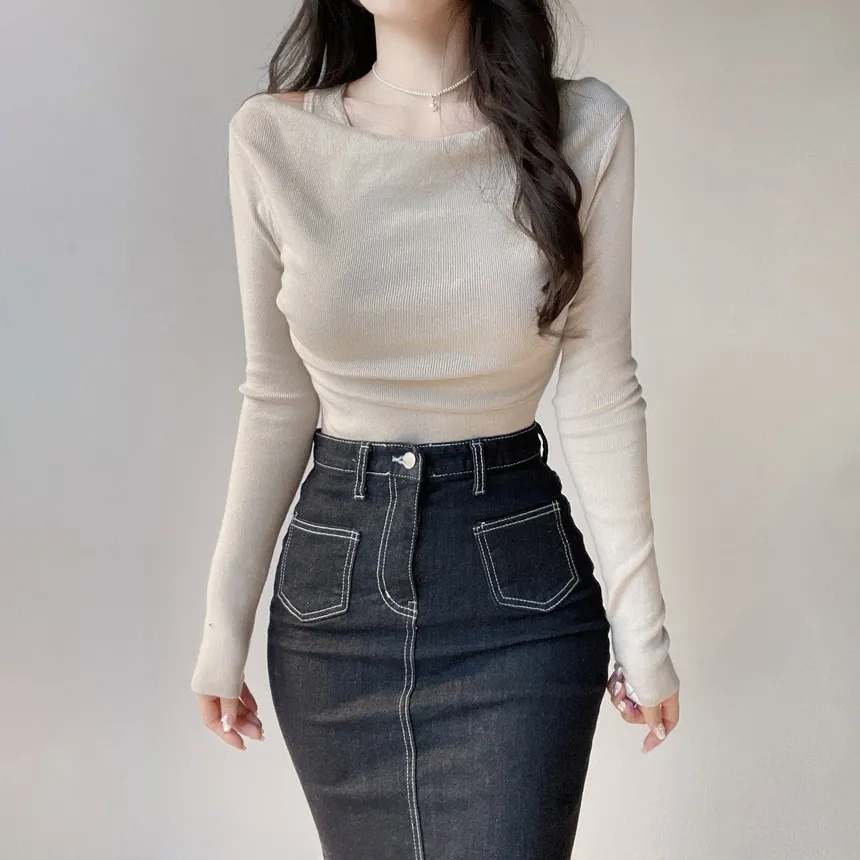 レイヤード風オフショルダー長袖ニット | mirangmirang | 詳細画像9