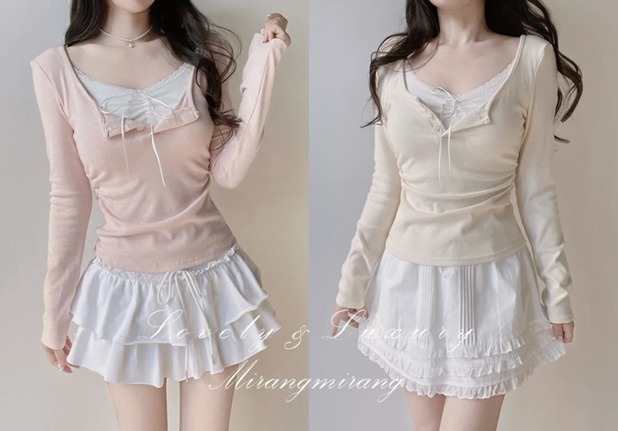 レースレイヤード風ボタン長袖リボンTシャツ | mirangmirang | 詳細画像1