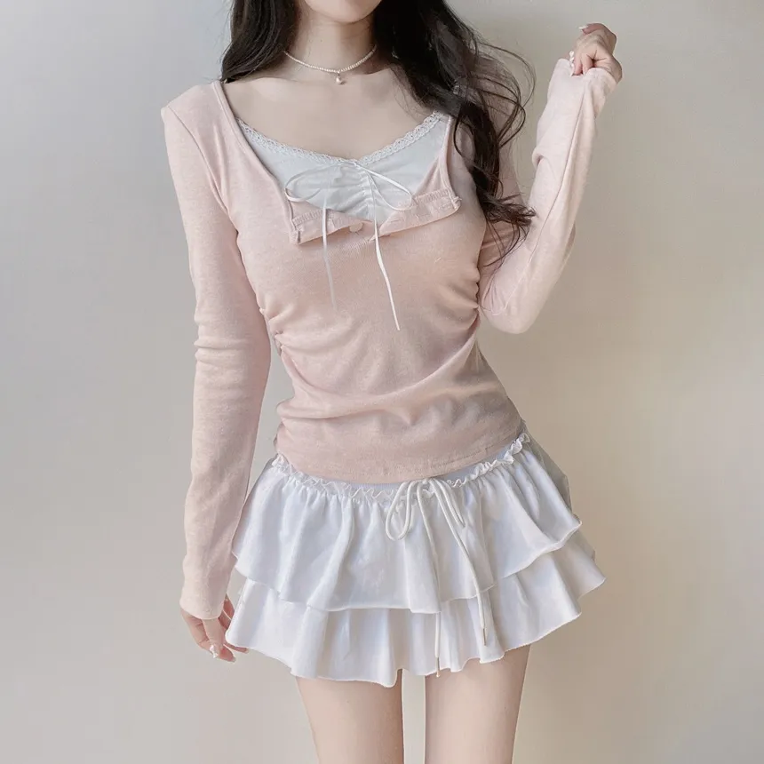 レースレイヤード風ボタン長袖リボンTシャツ | mirangmirang | 詳細画像2