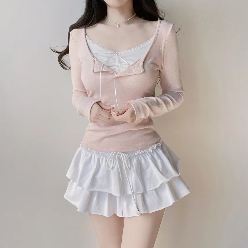 レースレイヤード風ボタン長袖リボンTシャツ | mirangmirang | 詳細画像6