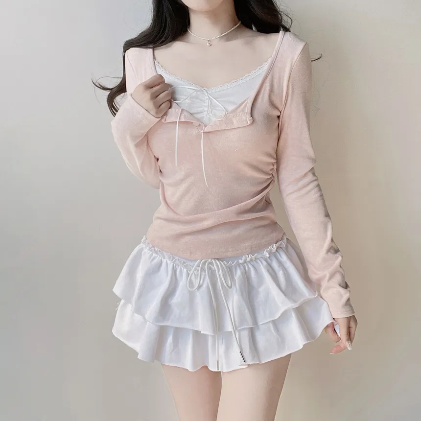 レースレイヤード風ボタン長袖リボンTシャツ | mirangmirang | 詳細画像7