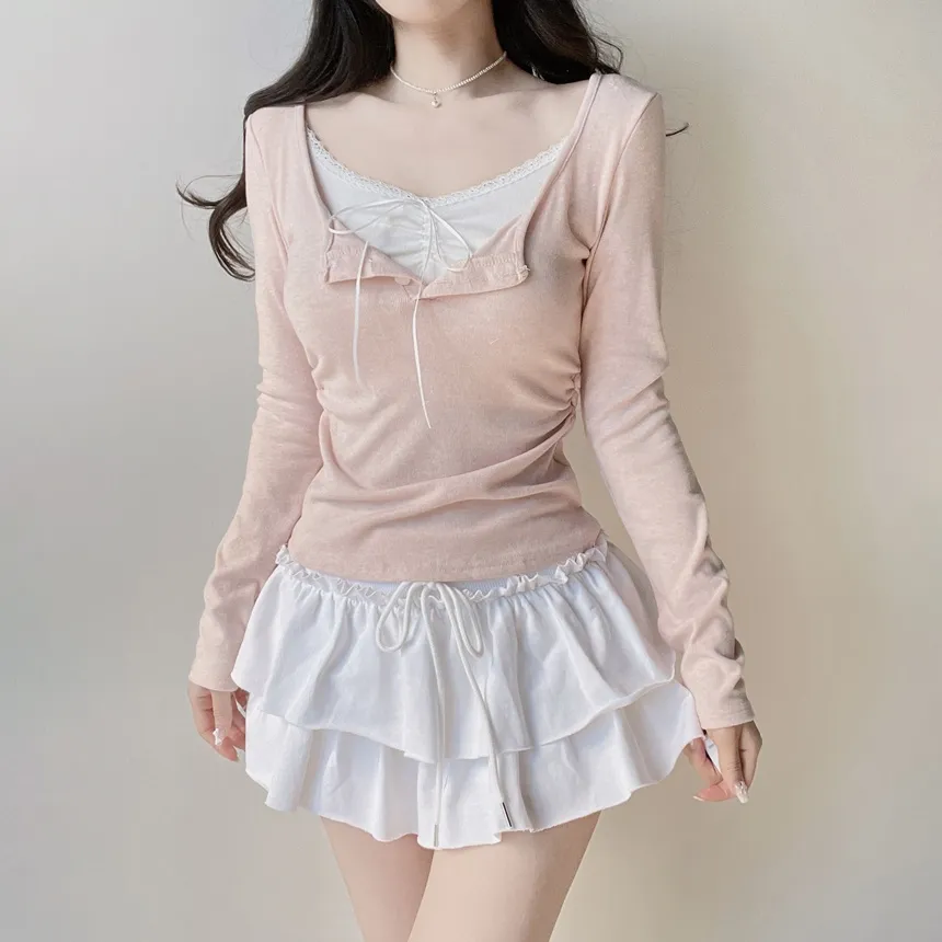 レースレイヤード風ボタン長袖リボンTシャツ | mirangmirang | 詳細画像8