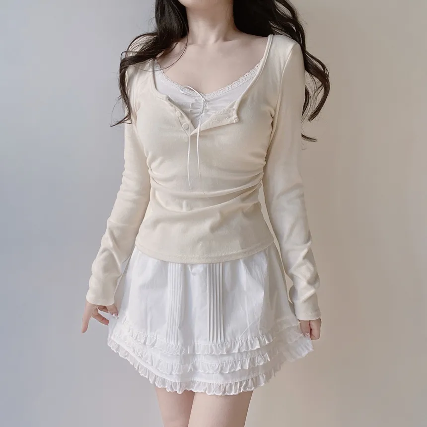 レースレイヤード風ボタン長袖リボンTシャツ | mirangmirang | 詳細画像9