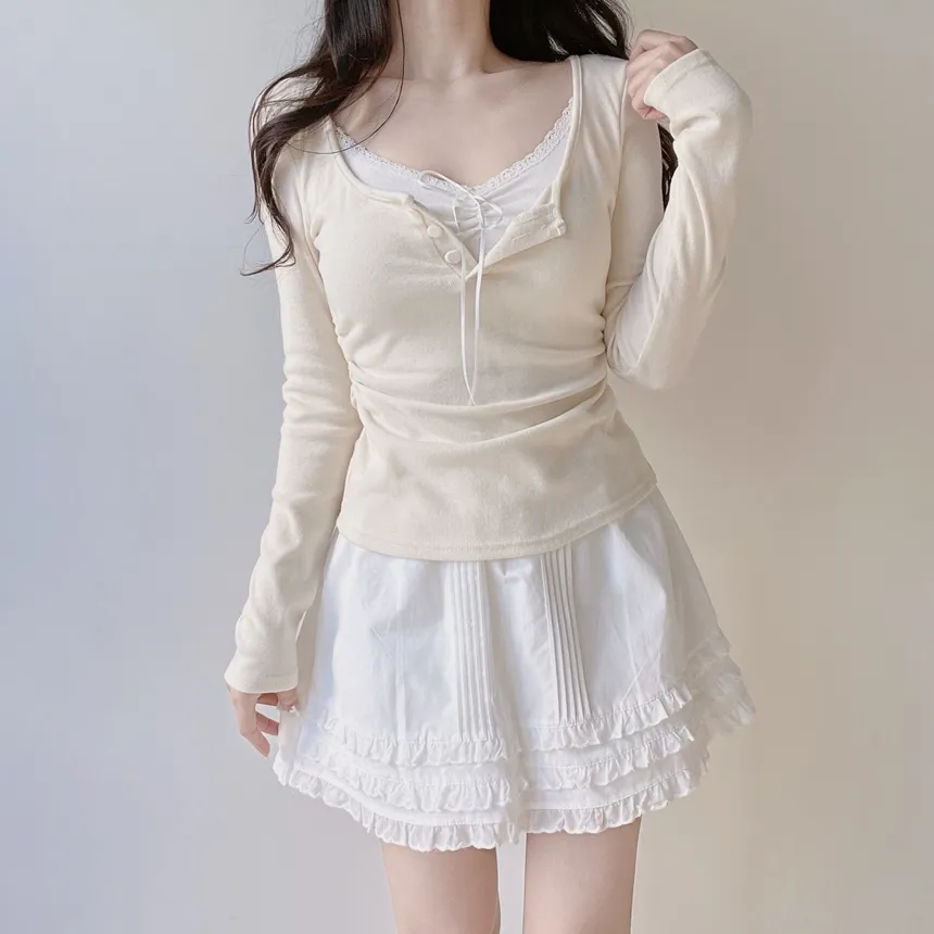 レースレイヤード風ボタン長袖リボンTシャツ | mirangmirang | 詳細画像10