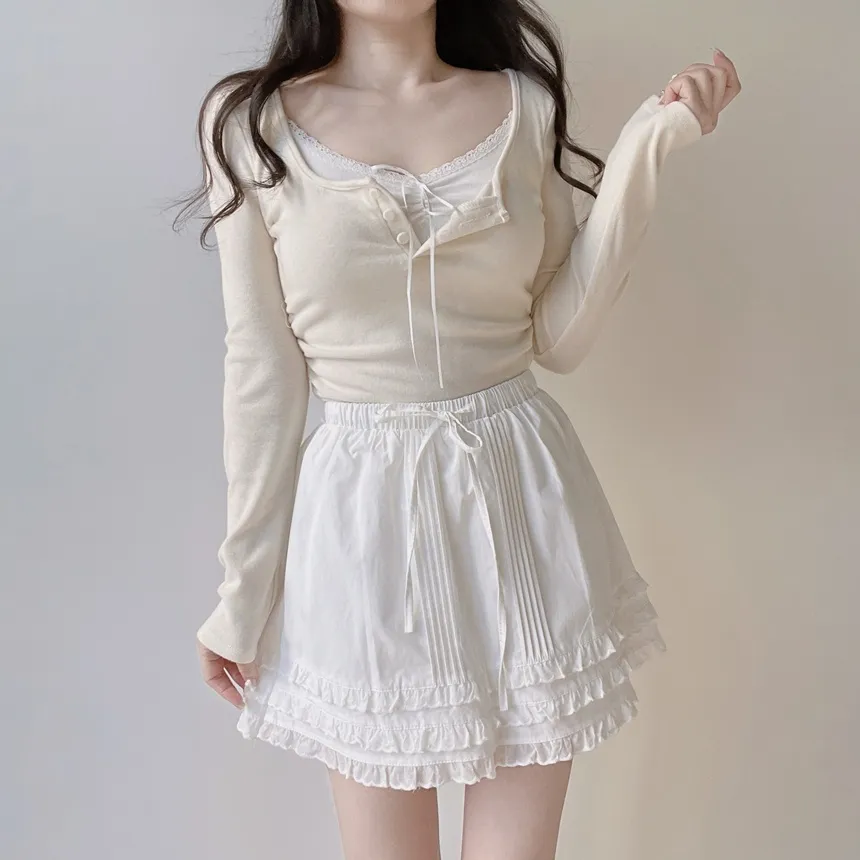 レースレイヤード風ボタン長袖リボンTシャツ | mirangmirang | 詳細画像12