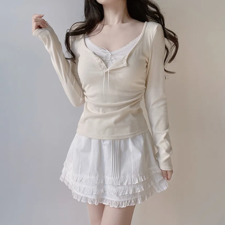 レースレイヤード風ボタン長袖リボンTシャツ | mirangmirang | 詳細画像17