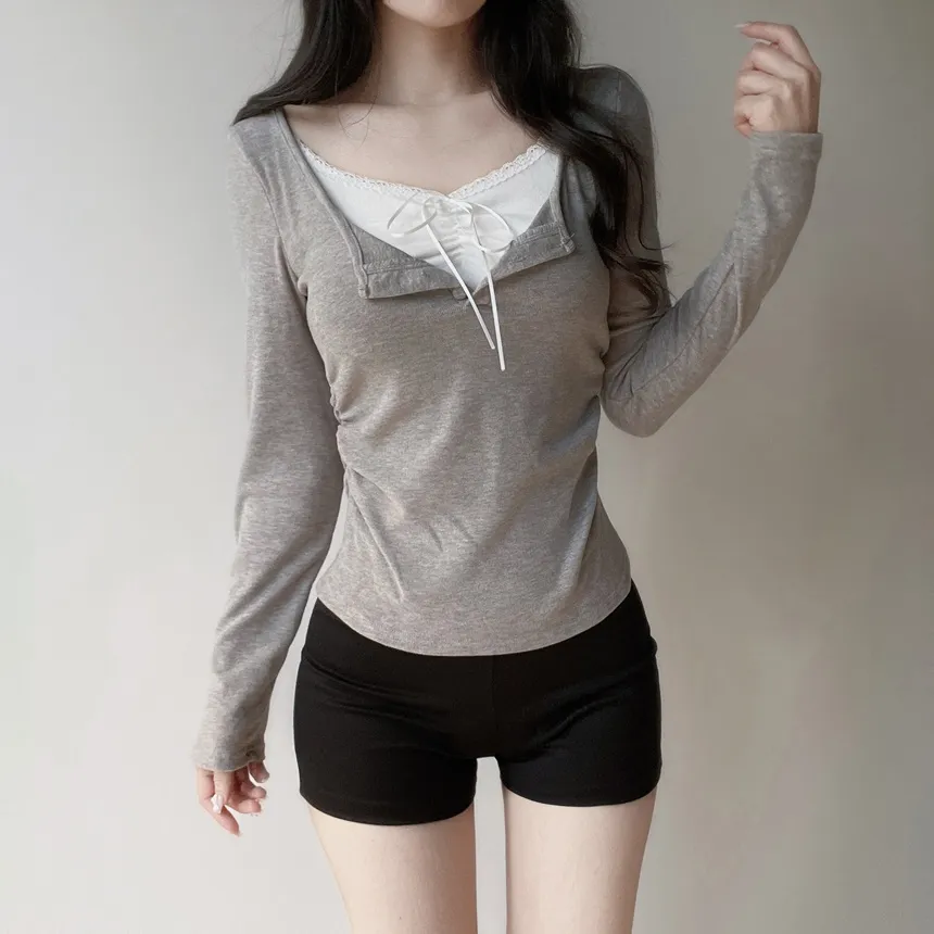 レースレイヤード風ボタン長袖リボンTシャツ | mirangmirang | 詳細画像27