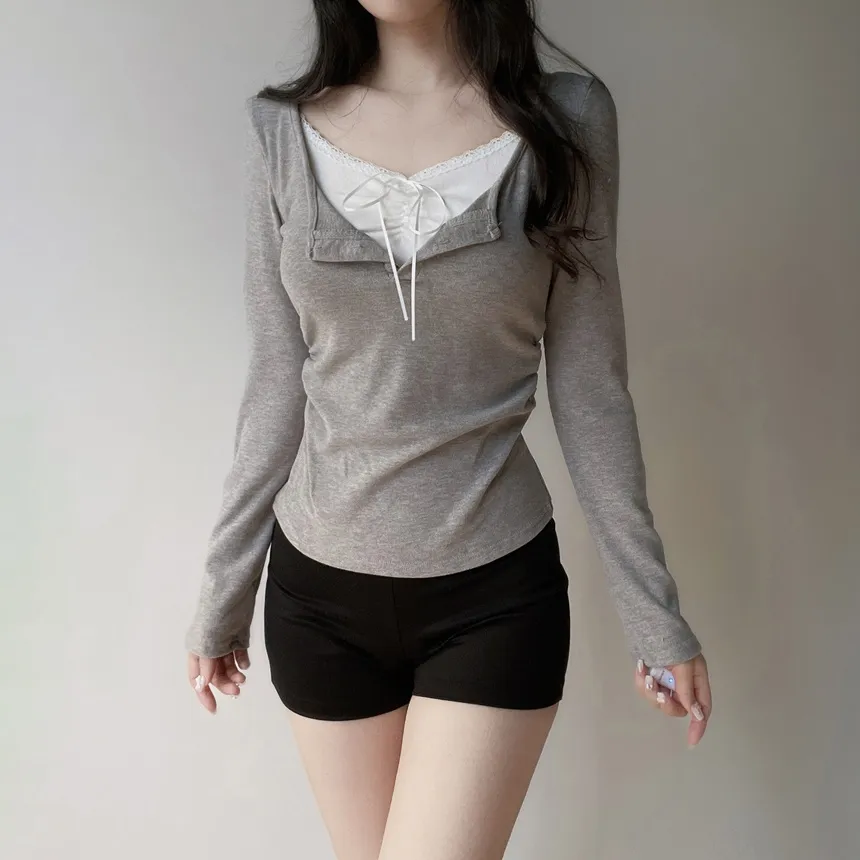 レースレイヤード風ボタン長袖リボンTシャツ | mirangmirang | 詳細画像28