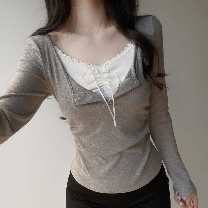 レースレイヤード風ボタン長袖リボンTシャツ | mirangmirang | 詳細画像29