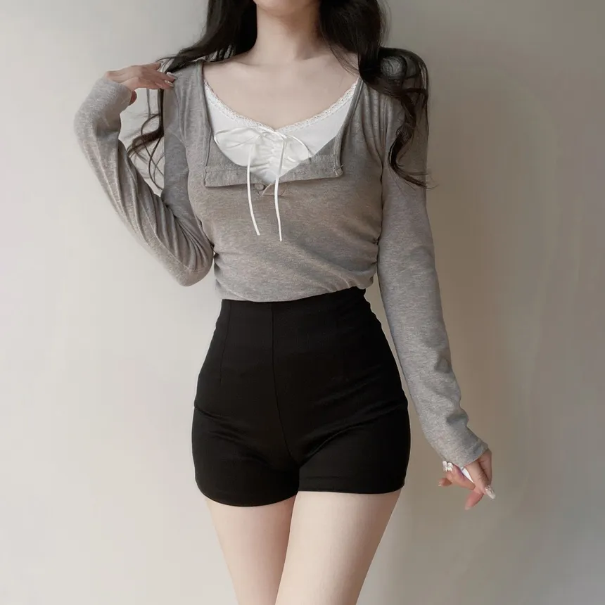 レースレイヤード風ボタン長袖リボンTシャツ | mirangmirang | 詳細画像30