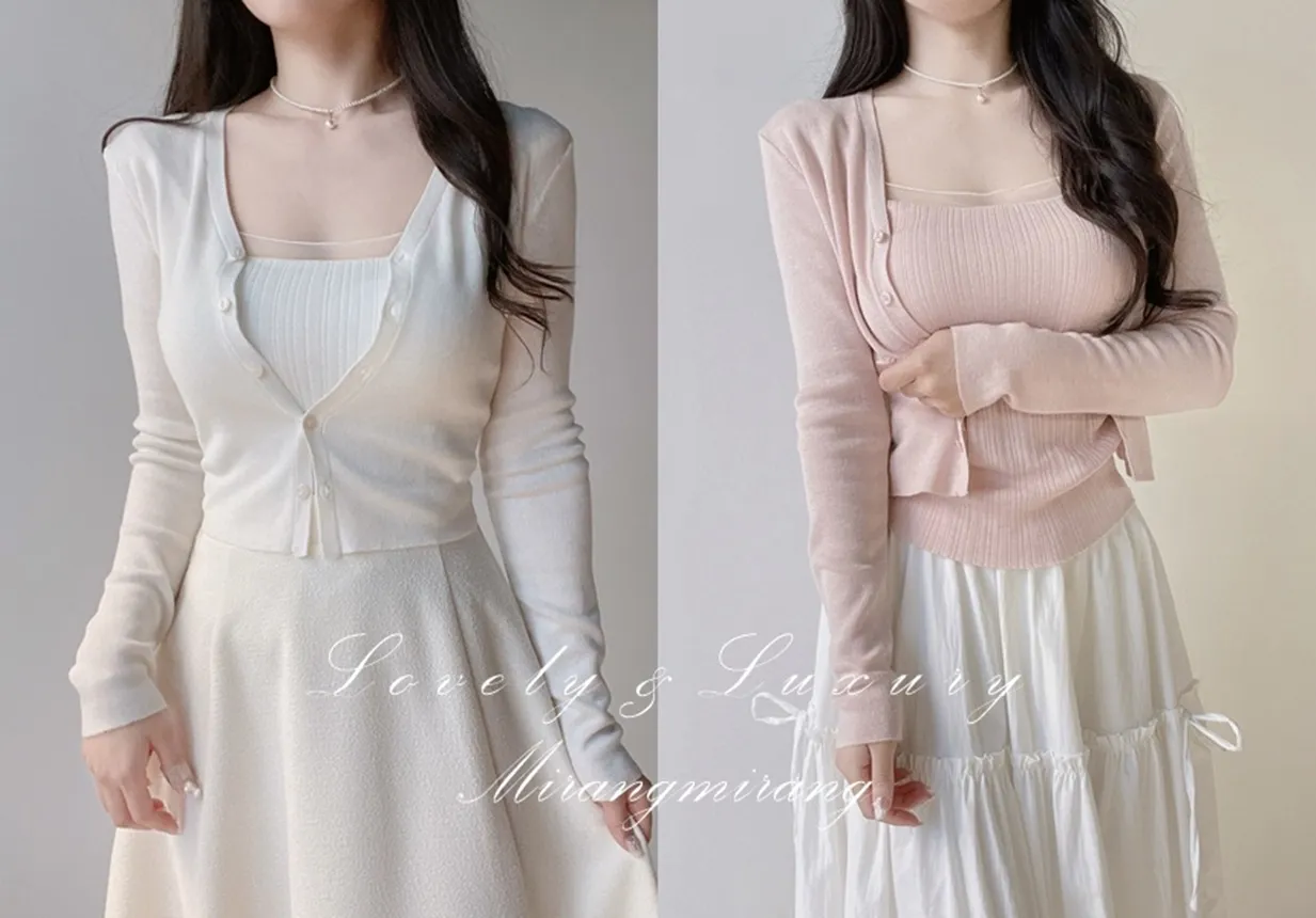 ウール混Vネックシャーリングクロップドスリムニットカーディガンアンサンブルカップ付 | mirangmirang | 詳細画像1