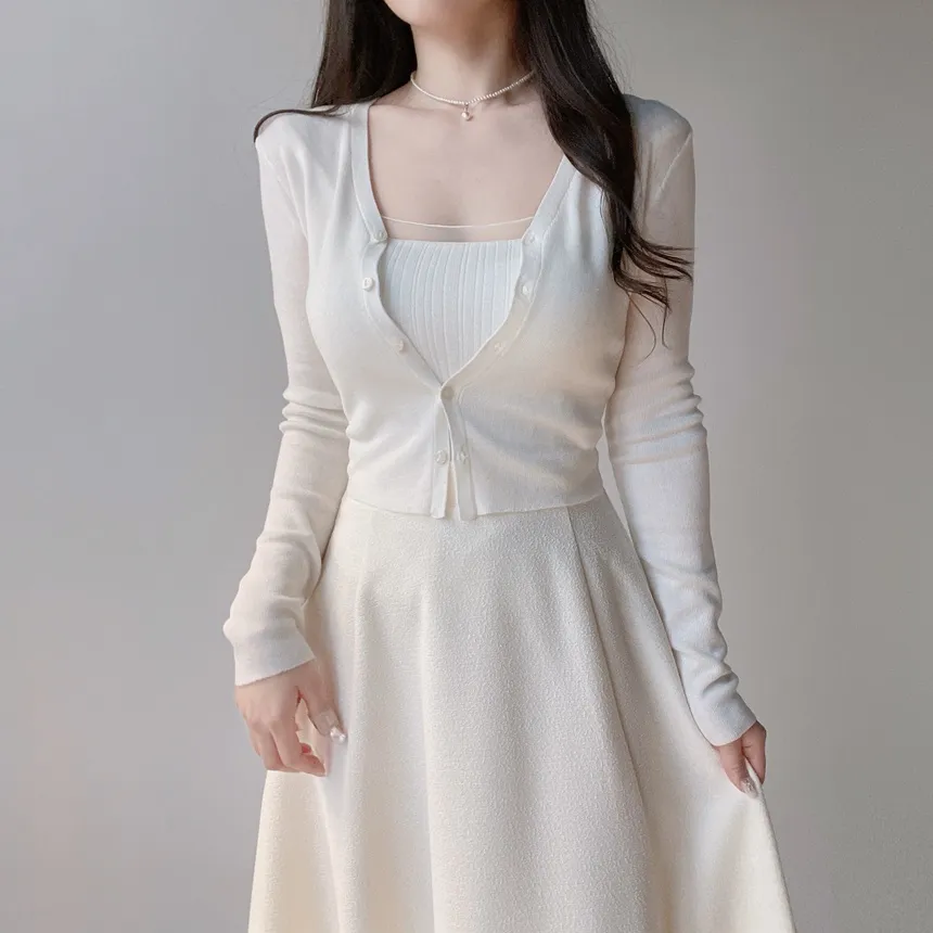 ウール混Vネックシャーリングクロップドスリムニットカーディガンアンサンブルカップ付 | mirangmirang | 詳細画像4