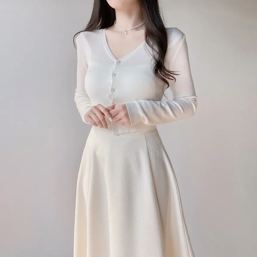 ウール混Vネックシャーリングクロップドスリムニットカーディガンアンサンブルカップ付 | mirangmirang | 詳細画像11