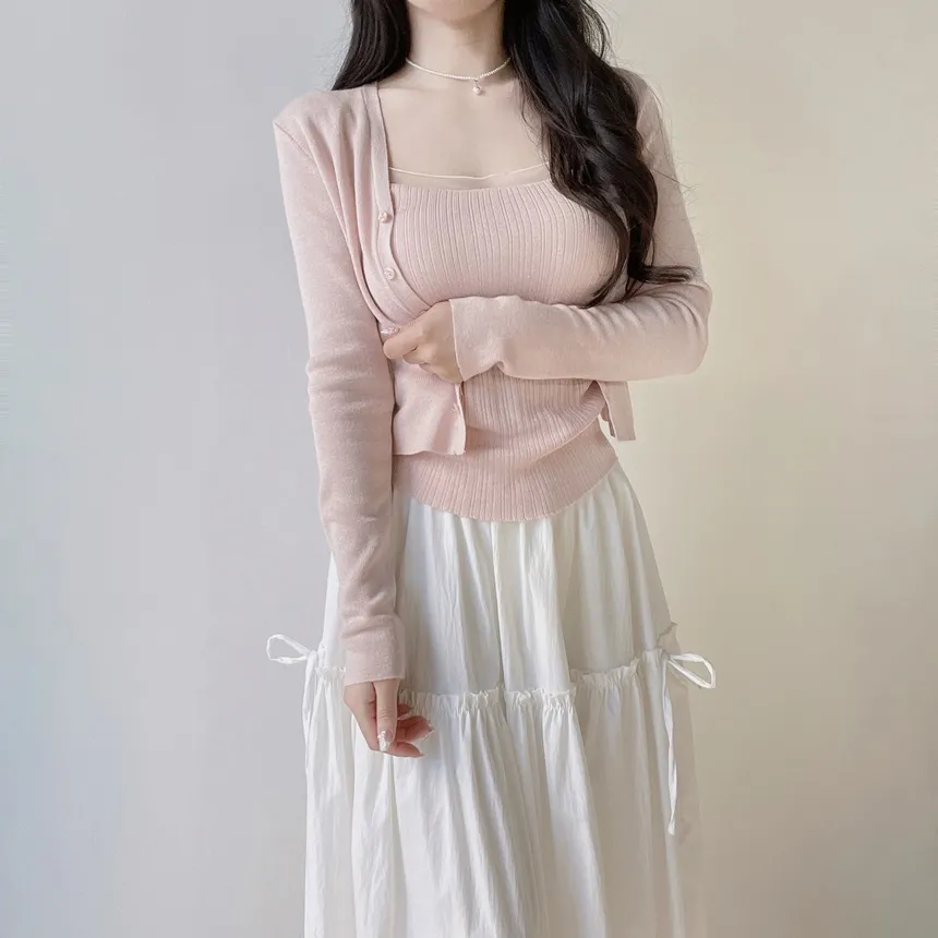 ウール混Vネックシャーリングクロップドスリムニットカーディガンアンサンブルカップ付 | mirangmirang | 詳細画像12