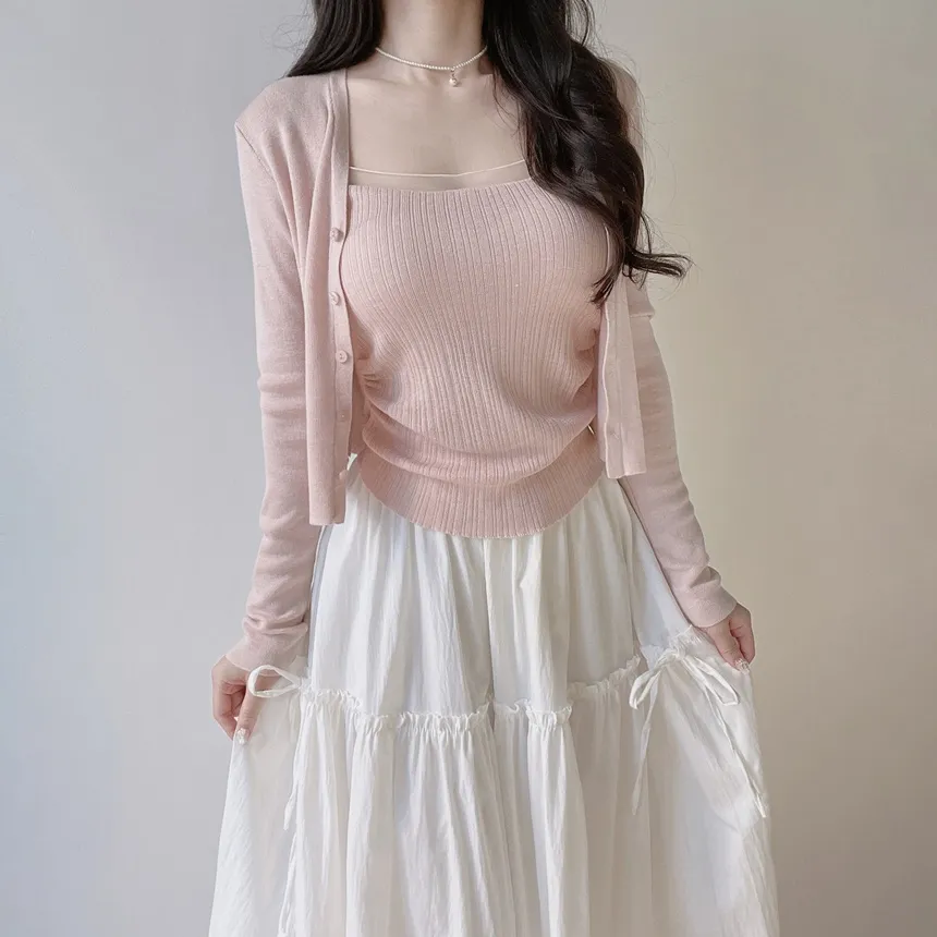 ウール混Vネックシャーリングクロップドスリムニットカーディガンアンサンブルカップ付 | mirangmirang | 詳細画像14