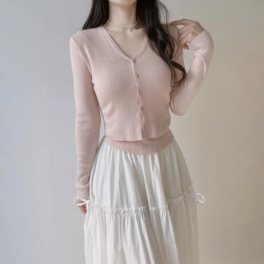 ウール混Vネックシャーリングクロップドスリムニットカーディガンアンサンブルカップ付 | mirangmirang | 詳細画像15