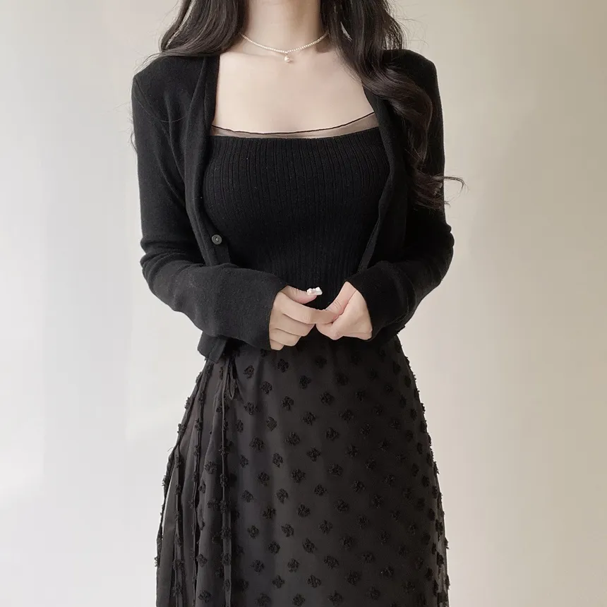 ウール混Vネックシャーリングクロップドスリムニットカーディガンアンサンブルカップ付 | mirangmirang | 詳細画像23