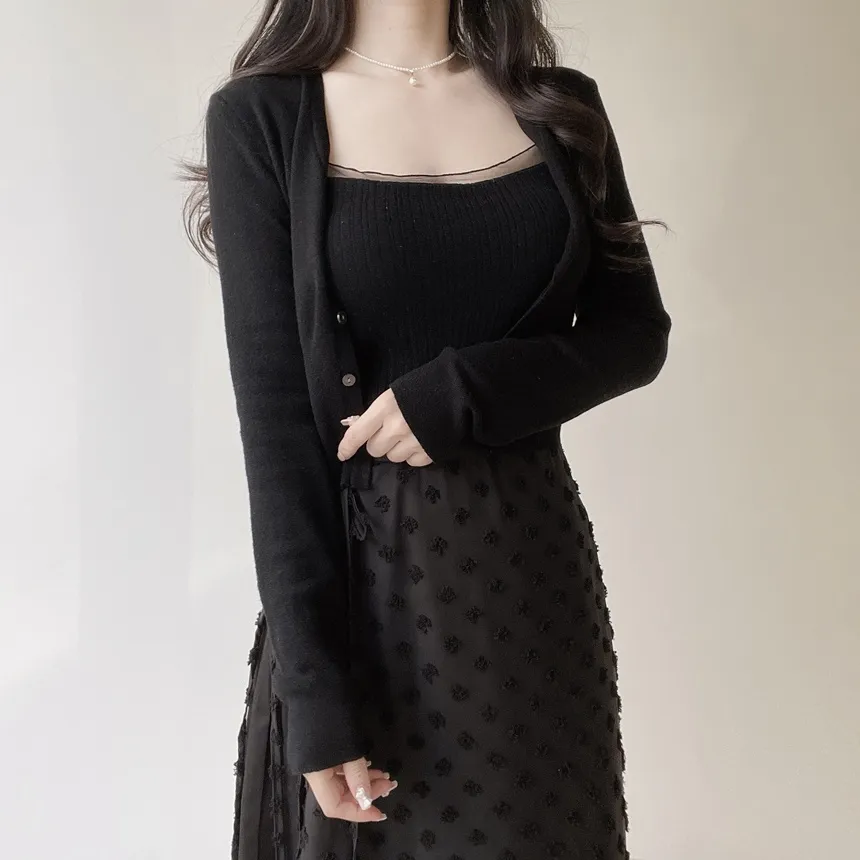 ウール混Vネックシャーリングクロップドスリムニットカーディガンアンサンブルカップ付 | mirangmirang | 詳細画像24