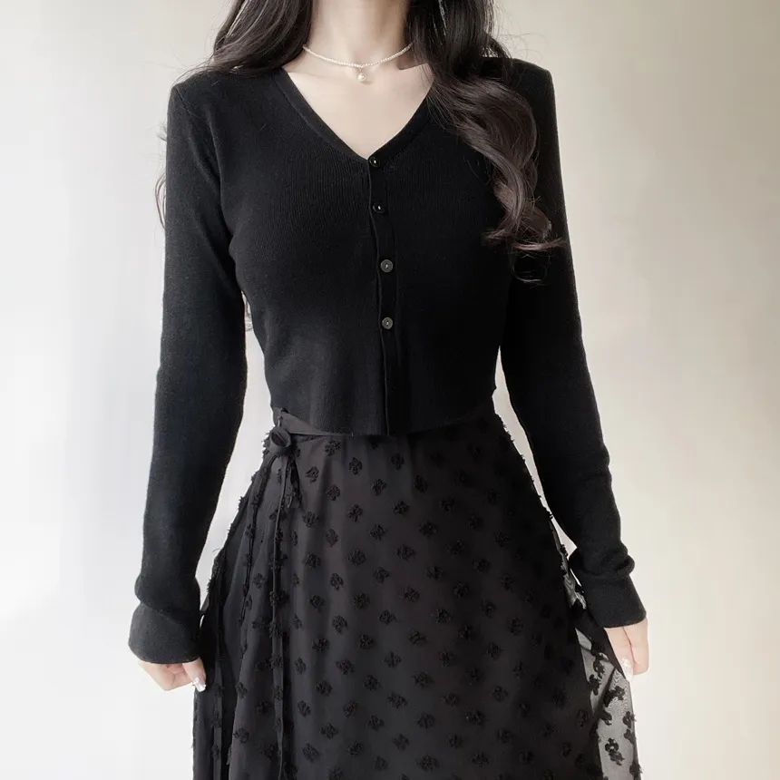 ウール混Vネックシャーリングクロップドスリムニットカーディガンアンサンブルカップ付 | mirangmirang | 詳細画像31