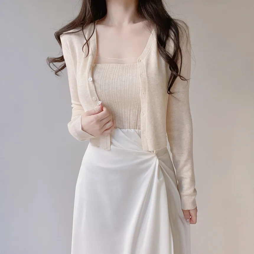 ウール混Vネックシャーリングクロップドスリムニットカーディガンアンサンブルカップ付 | mirangmirang | 詳細画像35