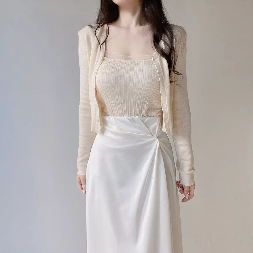 ウール混Vネックシャーリングクロップドスリムニットカーディガンアンサンブルカップ付 | mirangmirang | 詳細画像42