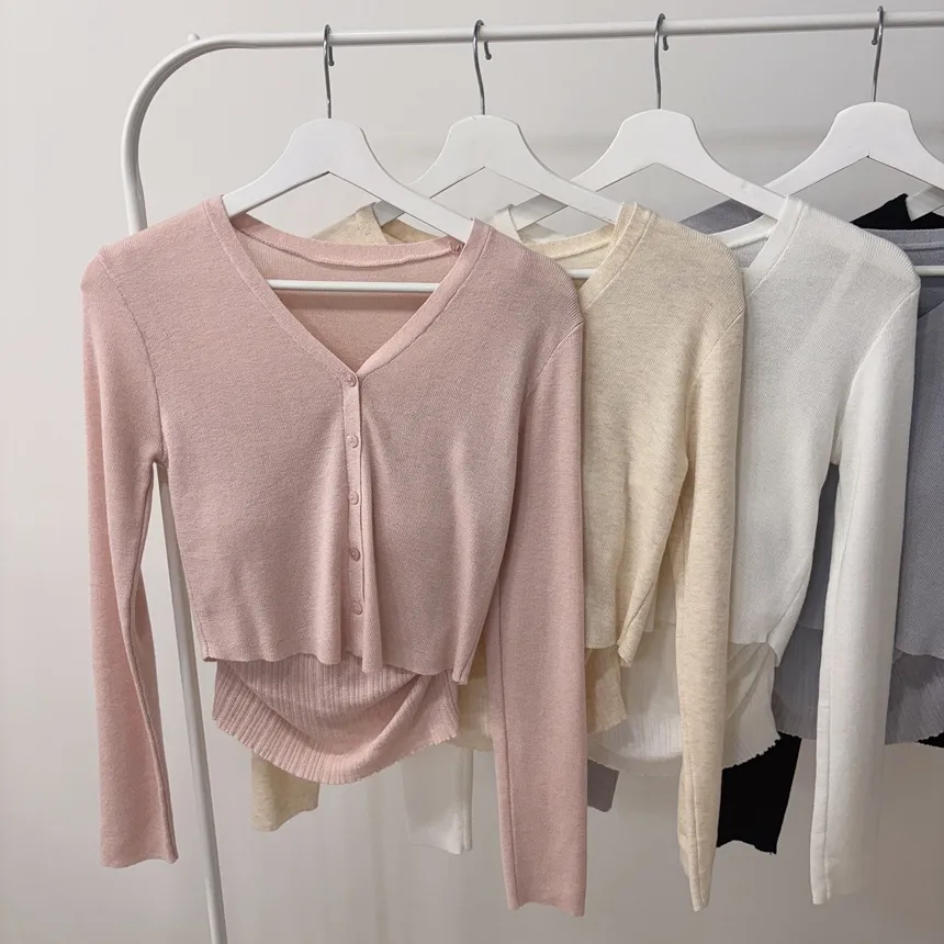 ウール混Vネックシャーリングクロップドスリムニットカーディガンアンサンブルカップ付 | mirangmirang | 詳細画像45